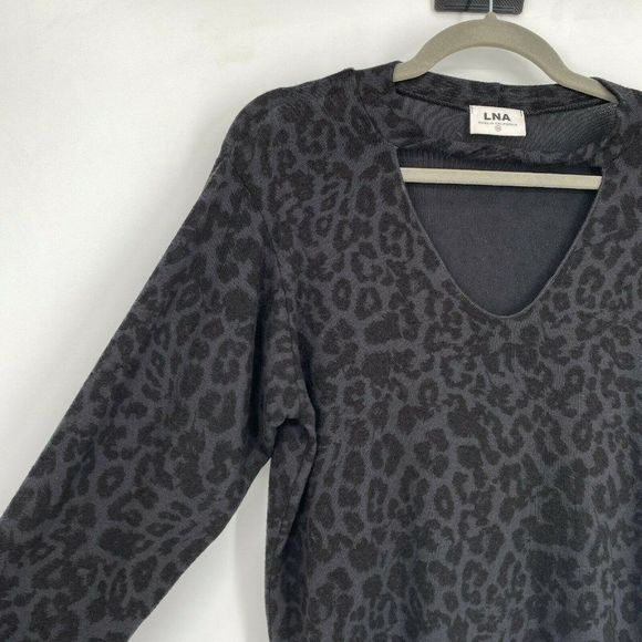 LNA Animal Print Cut Out Frill Hem Long Sleeve Pullover Sweater Black Women's XS - Picture 2 of 10